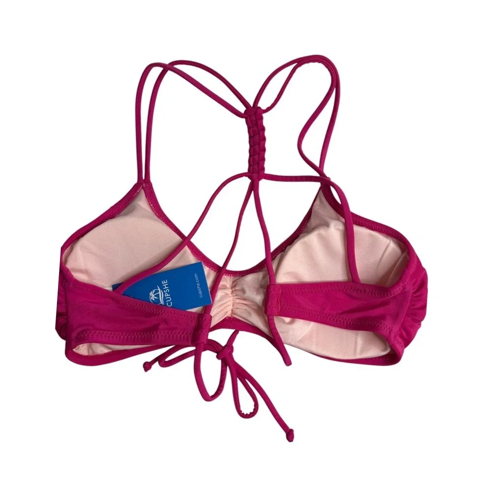 Cupshe NWT Hot Pink & Floral Bikini Set Braided Back Ruched Side Tie‎ Small S
